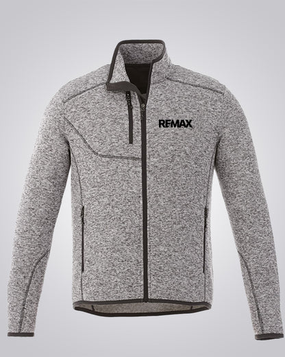 A heather gray zip-up fleece jacket with a black interior lining, black zipper, and the black REMAX logo on the left chest, shown against a light gray background.