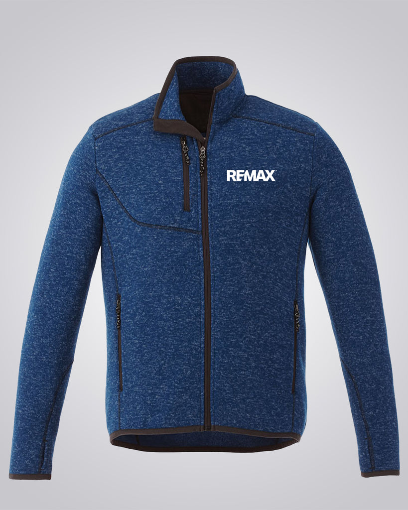 A blue heathered zip-up fleece jacket with a high collar, black trim, and a white REMAX logo on the left chest, displayed on a neutral gray background.
