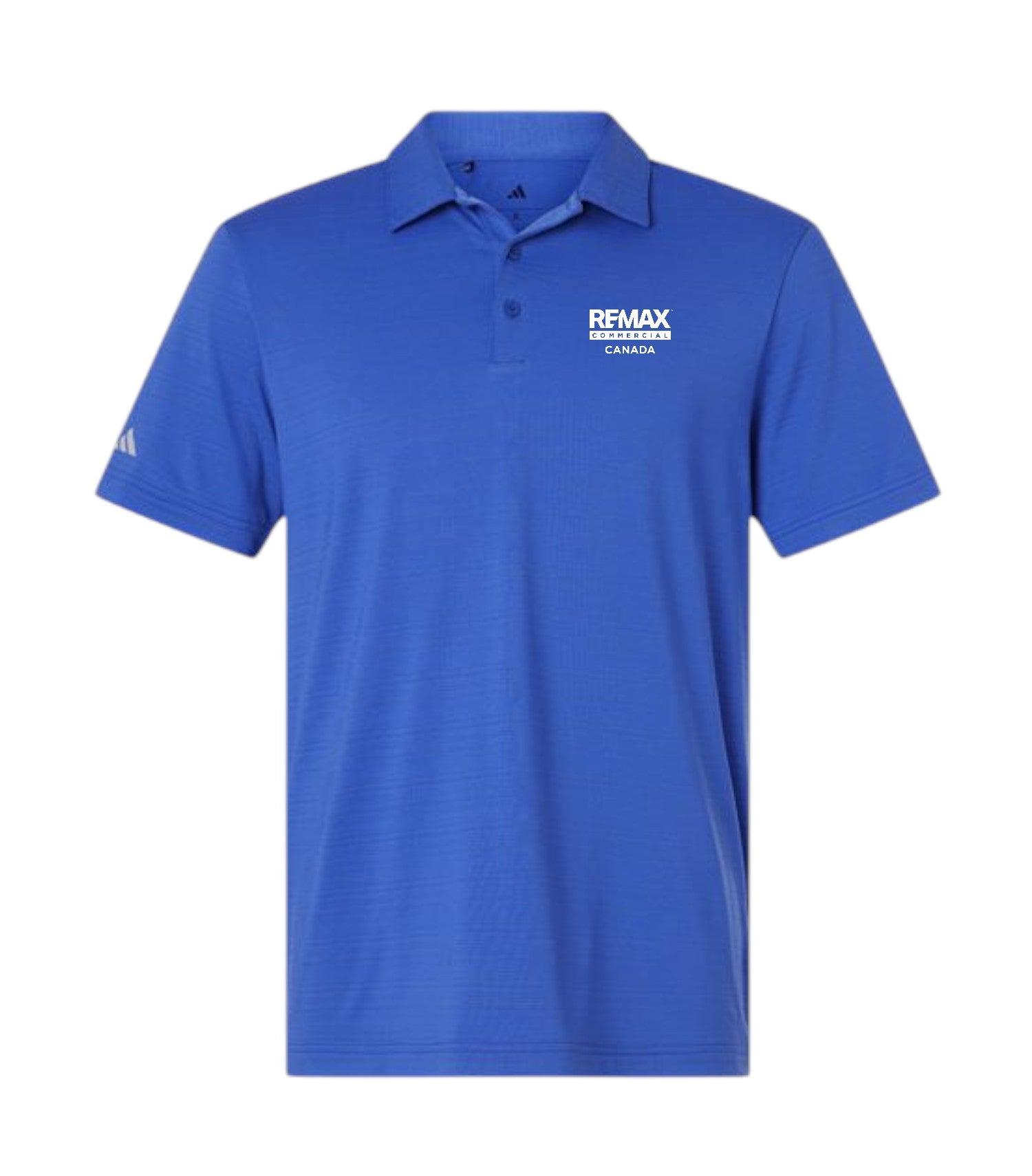 A royal blue short-sleeve polo shirt with a white embroidered logo on the left chest reading 'REMAX REMAX CARRIERS' and a white Adidas logo on the right sleeve, shown on a plain white background.