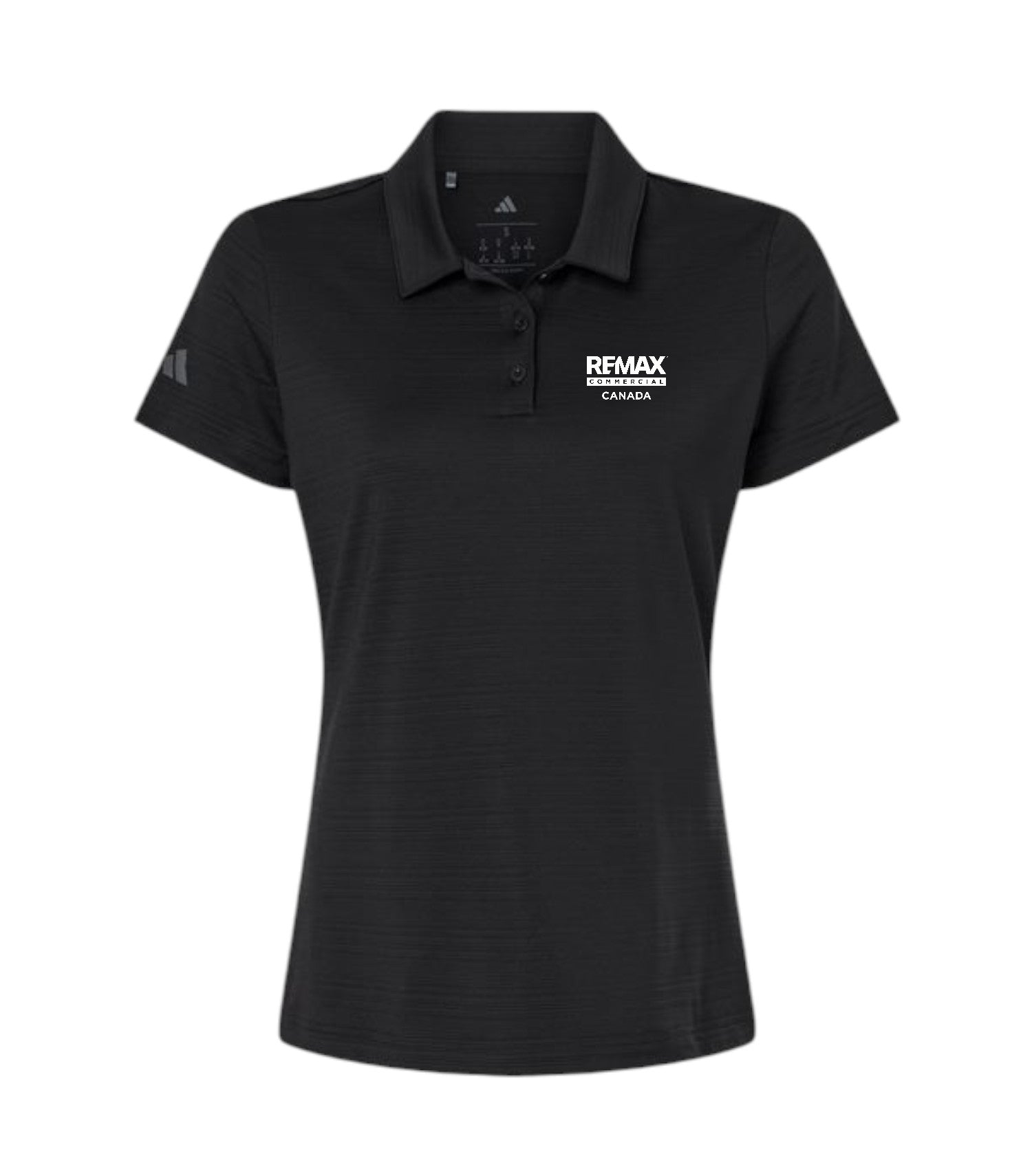 A black short-sleeve polo shirt with a white 'REMAX' logo printed on the left chest, displayed on a clean white background.