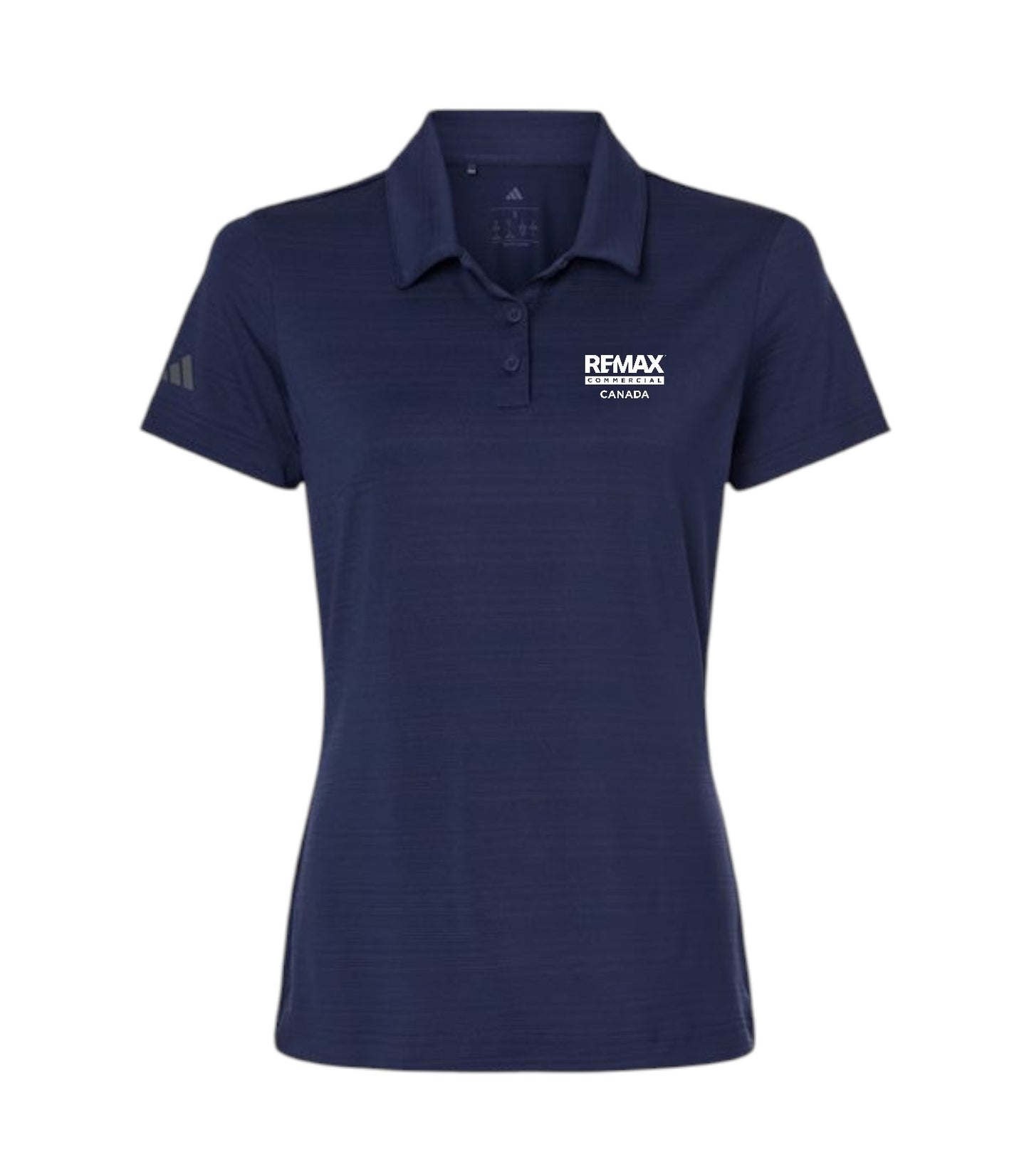 A navy blue short-sleeve polo shirt with a white REMAX logo printed on the left chest and a white Adidas logo on the right sleeve, shown on a plain white background.