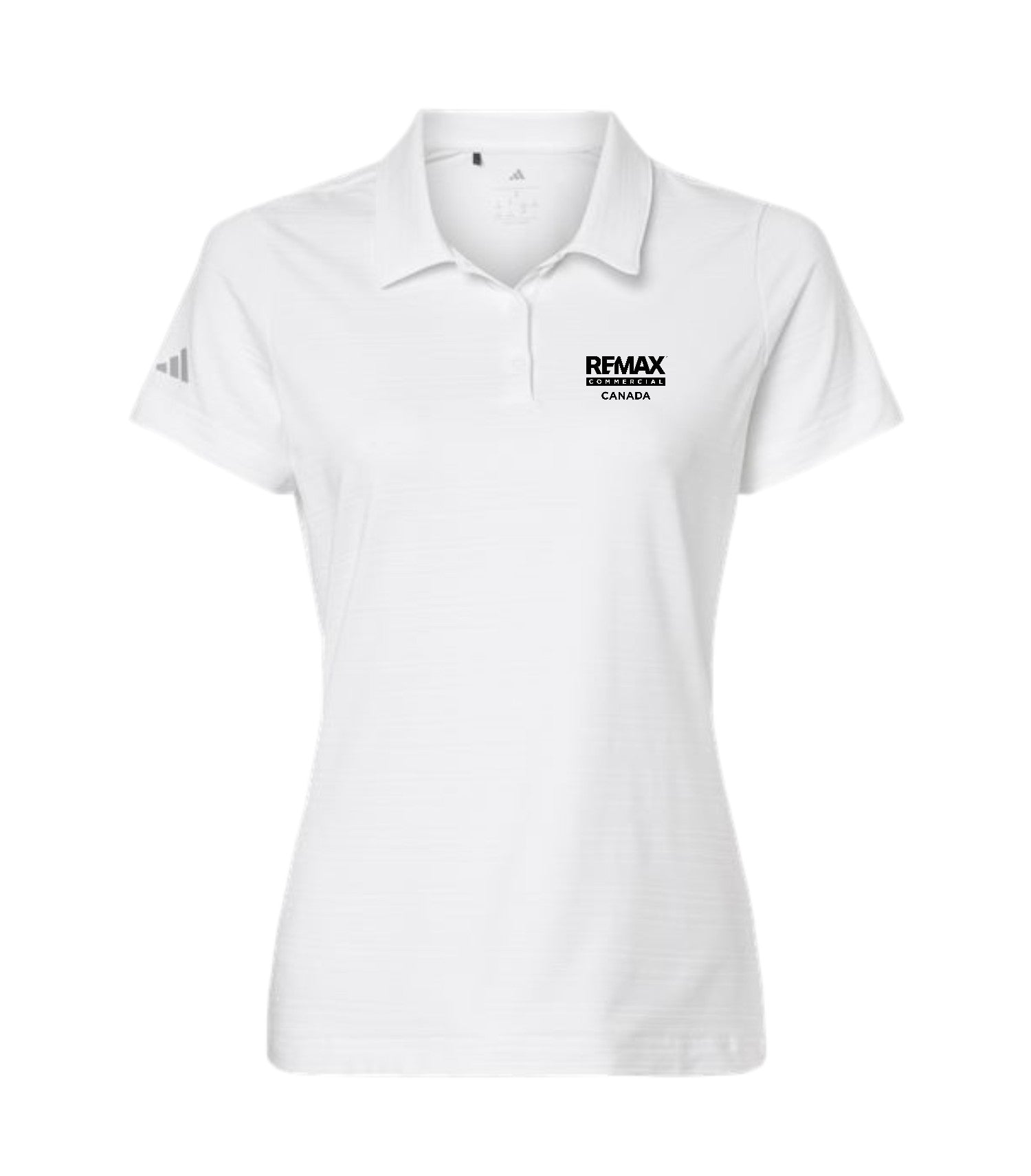 A white short-sleeve polo shirt with a black 'REMAX REVENGE' logo printed on the left chest and a black Adidas logo on the right sleeve, shown on a plain white background.