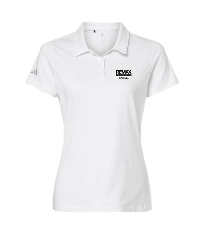 A white short-sleeve polo shirt with a black 'REMAX REVENGE' logo printed on the left chest and a black Adidas logo on the right sleeve, shown on a plain white background.