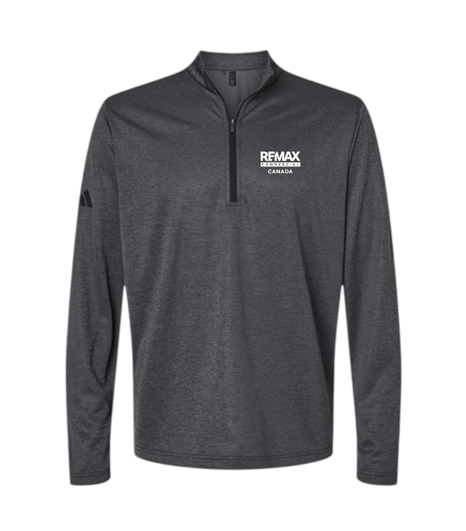 A dark gray heather long-sleeve quarter-zip pullover with a white 'REMAX BREAKINGTOWER CANADA' logo on the left chest and a black Adidas logo on the right sleeve, shown on a plain white background.