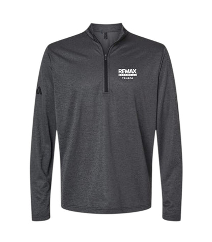 A dark gray heather long-sleeve quarter-zip pullover with a white 'REMAX BREAKINGTOWER CANADA' logo on the left chest and a black Adidas logo on the right sleeve, shown on a plain white background.