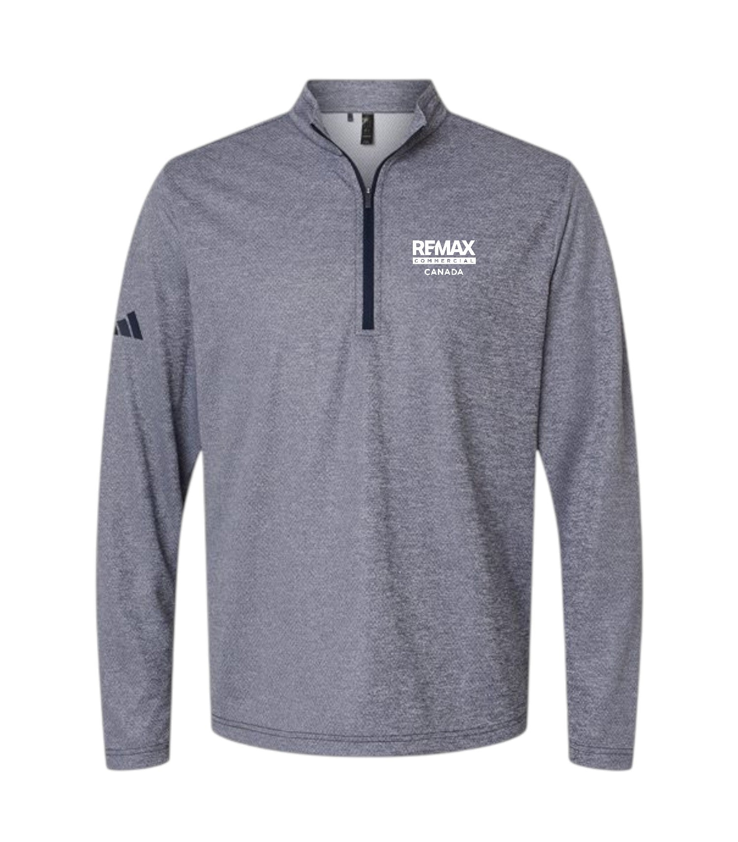 A heather gray long-sleeve quarter-zip pullover with a white 'REMAX BREAKERS CANADA' logo on the left chest and a black Adidas logo on the right sleeve, shown on a plain white background.