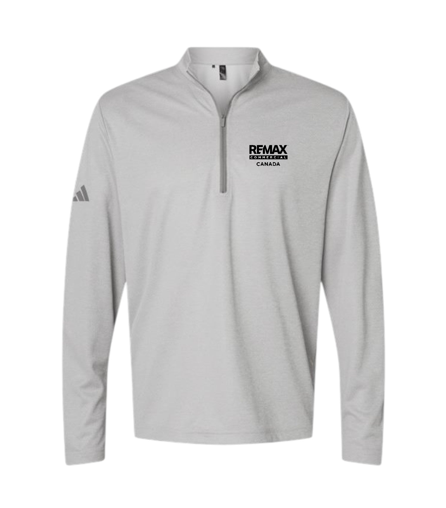A light gray long-sleeve quarter-zip pullover with a black printed logo on the left chest reading 'REMAX BROKERS CANADA' and a black Adidas logo on the right sleeve, shown on a plain white background.