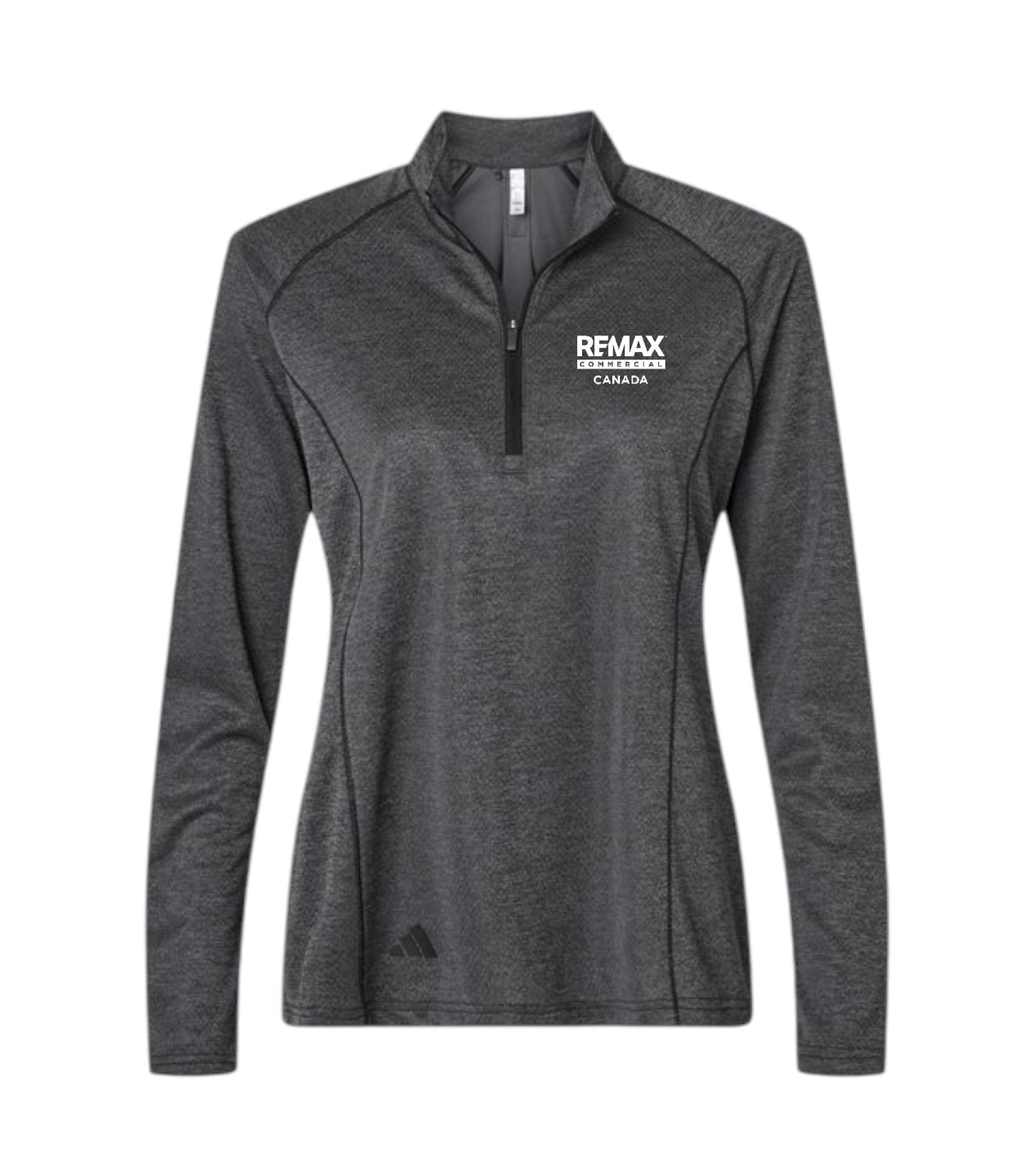 A dark gray heathered long-sleeve quarter-zip athletic pullover with a white 'REMAX BREAKING TROPHY CANADA' logo on the left chest and a small black logo near the bottom hem, shown on a plain white background.