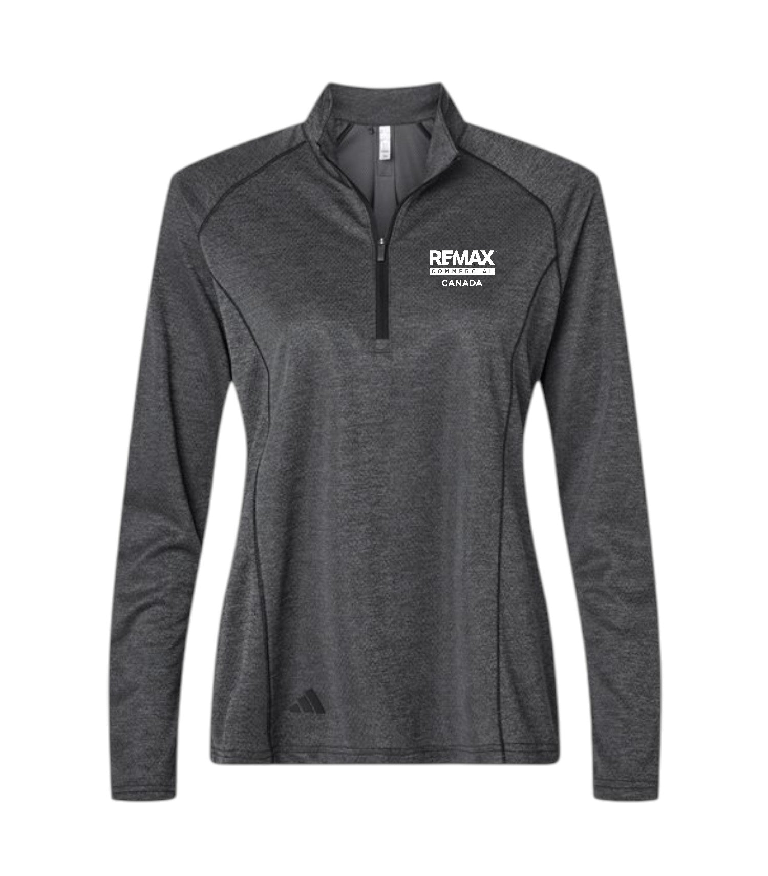A dark gray heathered long-sleeve quarter-zip athletic pullover with a white 'REMAX BREAKING TROPHY CANADA' logo on the left chest and a small black logo near the bottom hem, shown on a plain white background.