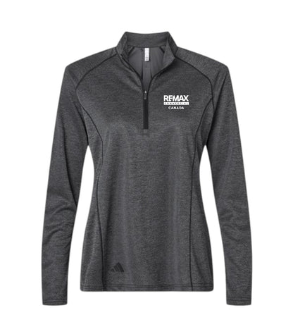 A dark gray heathered long-sleeve quarter-zip athletic pullover with a white 'REMAX BREAKING TROPHY CANADA' logo on the left chest and a small black logo near the bottom hem, shown on a plain white background.