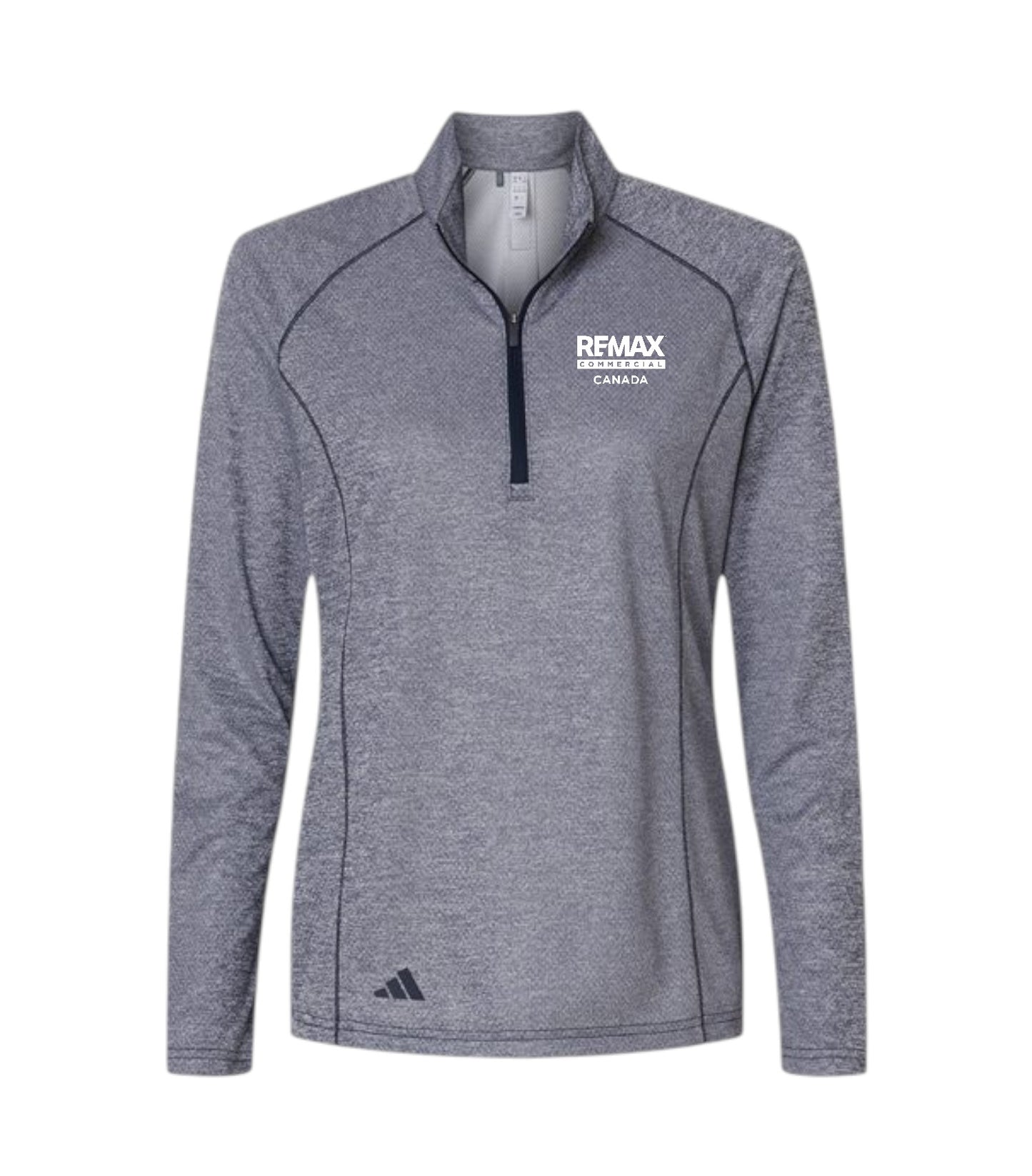 A heather gray long-sleeve quarter-zip athletic pullover with a white 'REMAX BREAKING TROPHY CANADA' logo on the left chest and a black Adidas logo near the bottom hem, displayed on a clean white background.