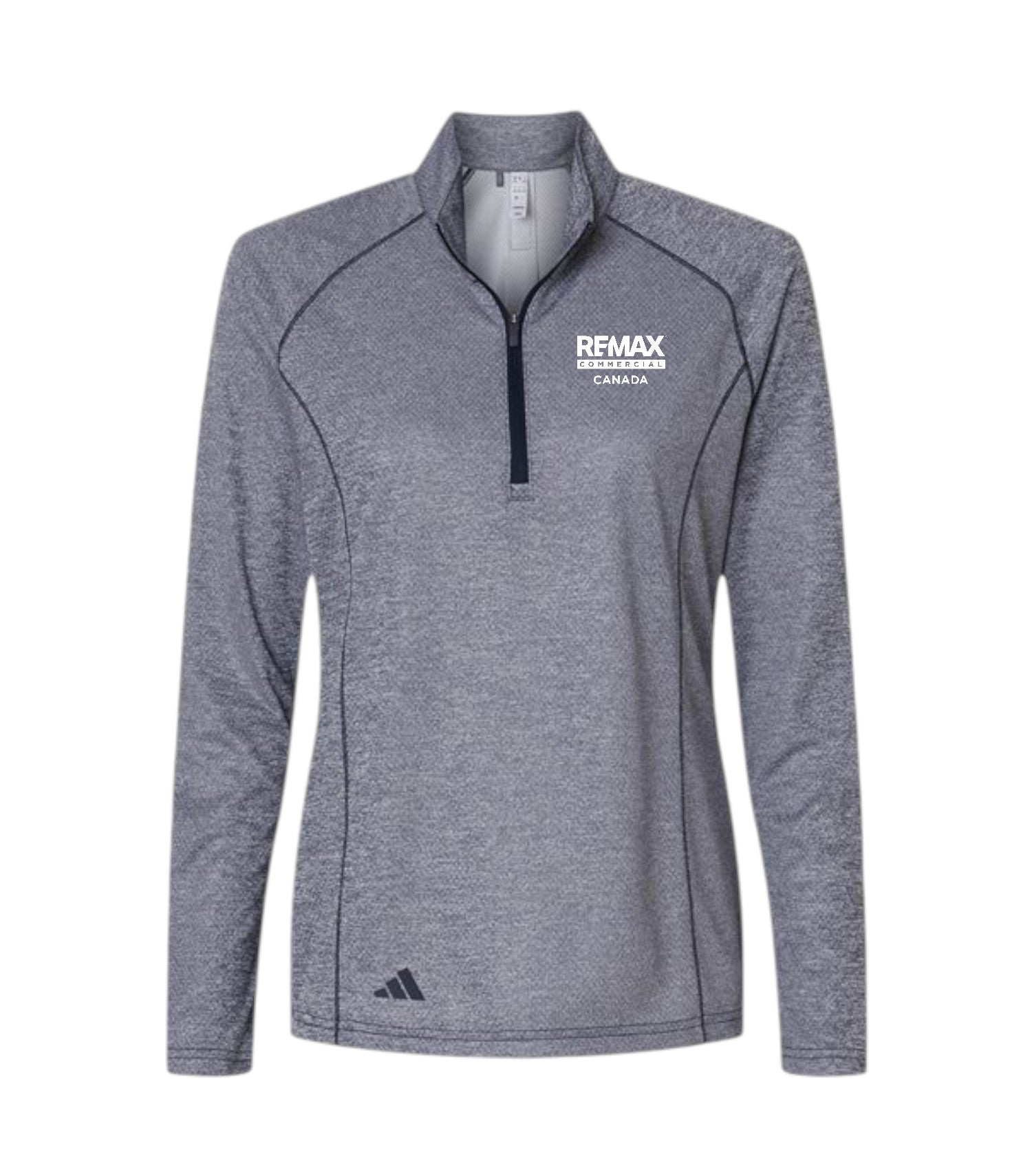 A heather gray long-sleeve quarter-zip athletic pullover with a white 'REMAX BREAKING TROPHY CANADA' logo on the left chest and a black Adidas logo near the bottom hem, displayed on a clean white background.