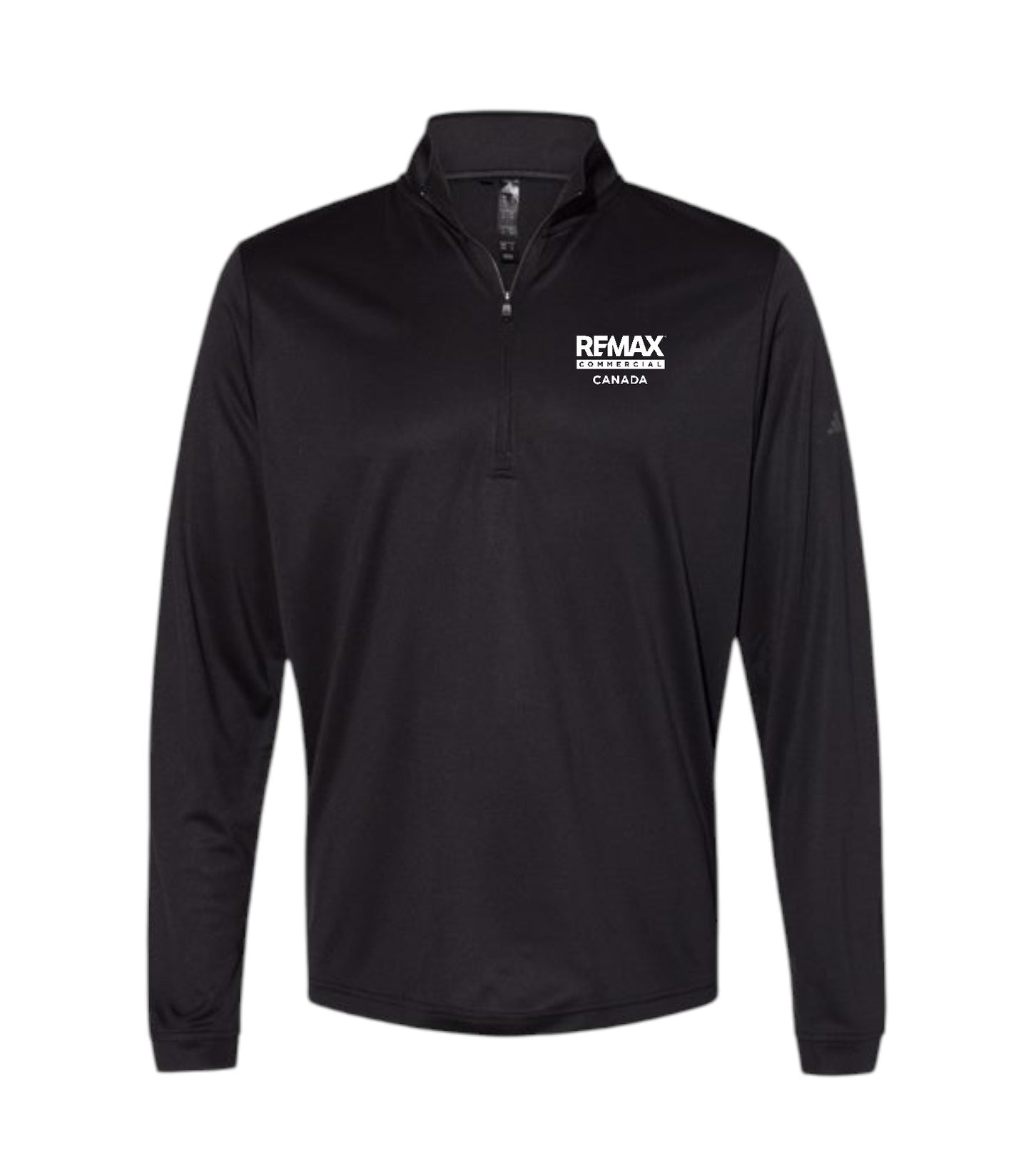 A black long-sleeve quarter-zip pullover with a white 'REMAX BROKERS CANADA' logo printed on the left chest, displayed on a clean white background.