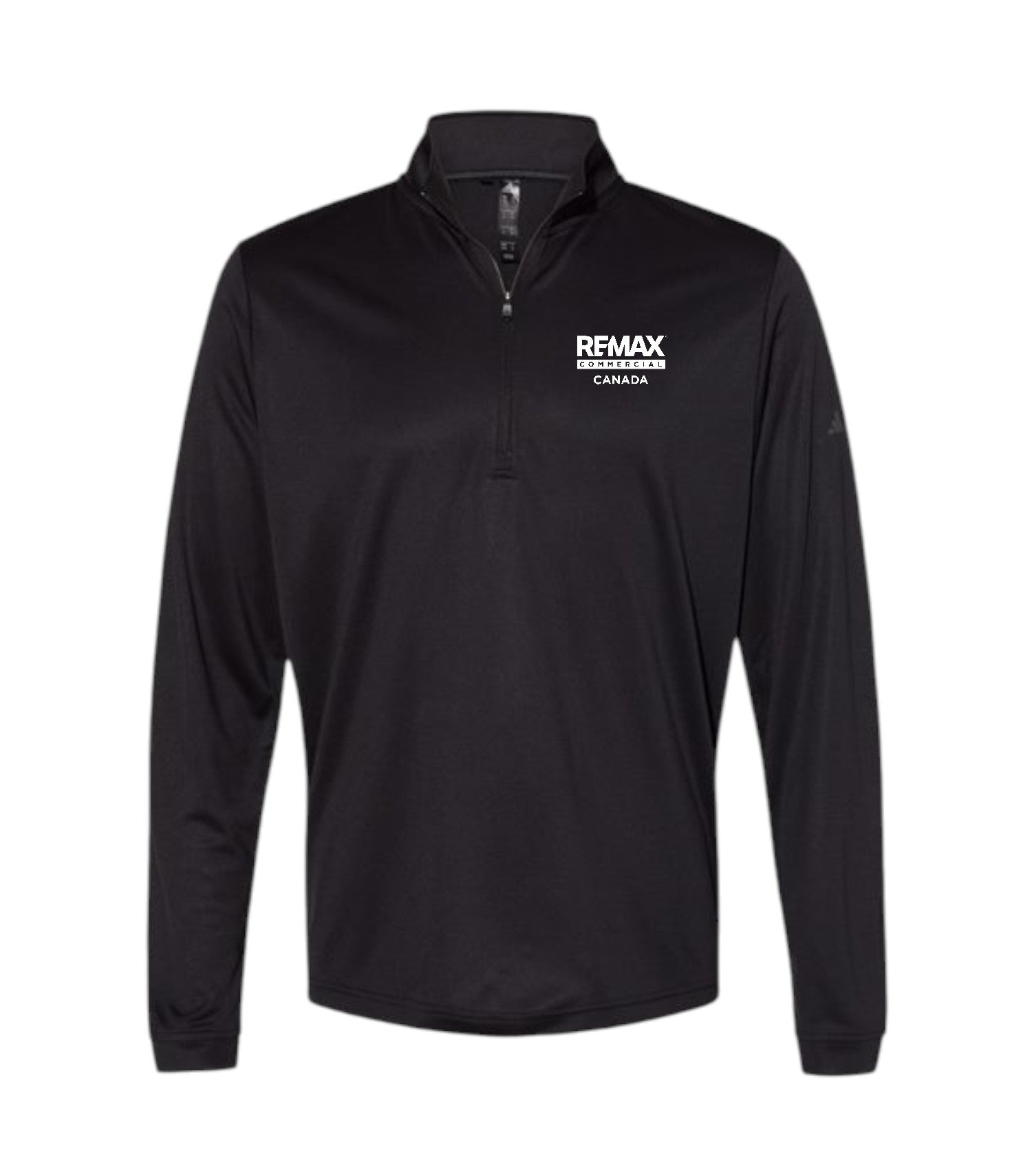 A black long-sleeve quarter-zip pullover with a white 'REMAX BROKERS CANADA' logo printed on the left chest, displayed on a clean white background.