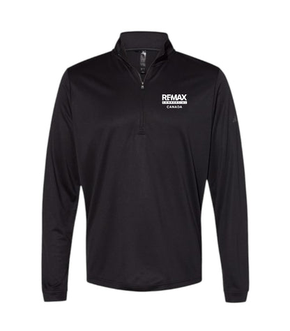 A black long-sleeve quarter-zip pullover with a white 'REMAX BROKERS CANADA' logo printed on the left chest, displayed on a clean white background.