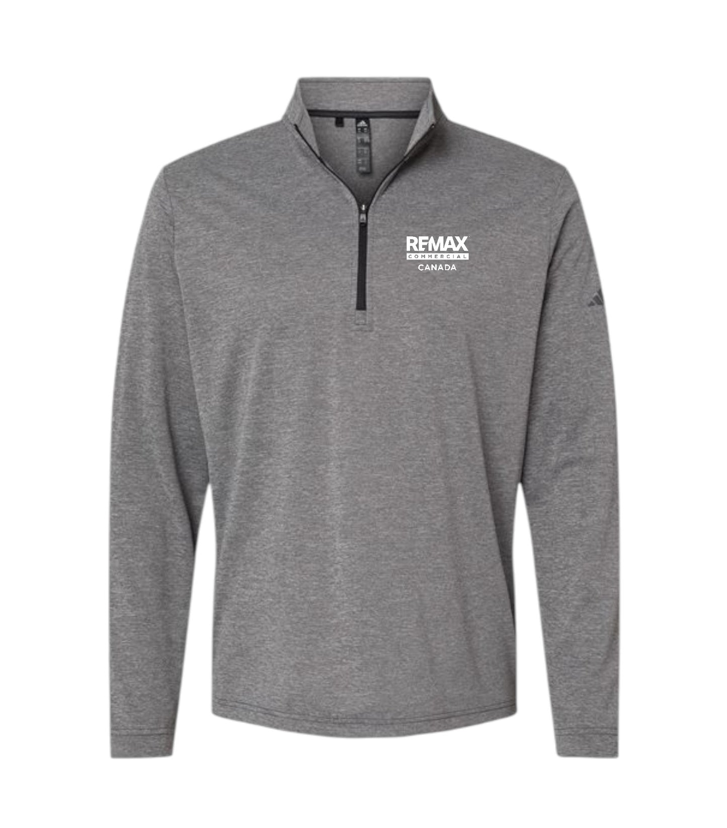 A heather gray long-sleeve quarter-zip pullover with a white 'REMAX BREAKINGTOWER CANADA' logo printed on the left chest, displayed on a clean white background.