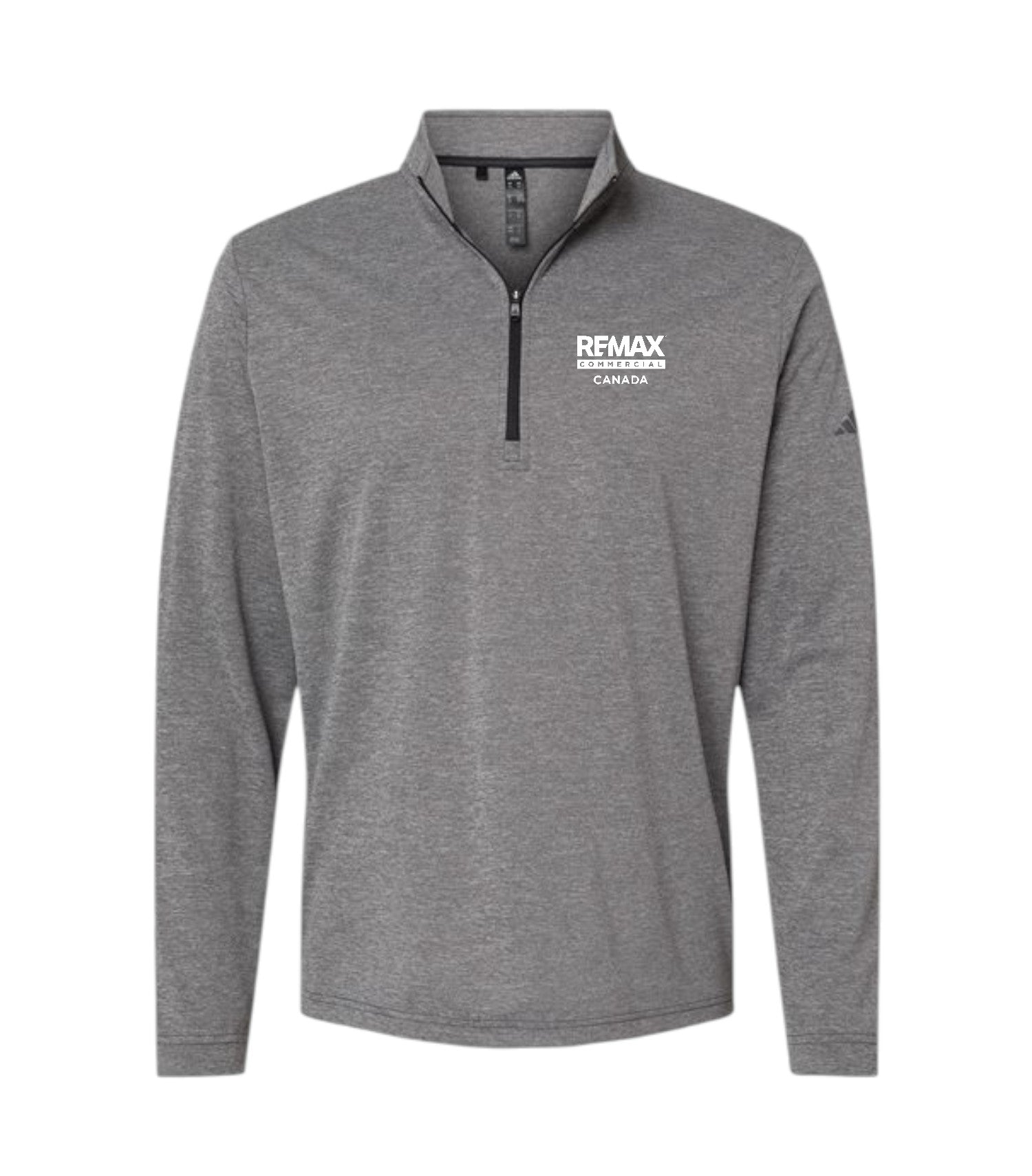 A heather gray long-sleeve quarter-zip pullover with a white 'REMAX BREAKINGTOWER CANADA' logo printed on the left chest, displayed on a clean white background.