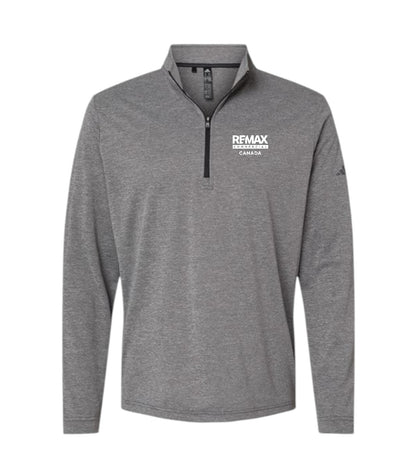 A heather gray long-sleeve quarter-zip pullover with a white 'REMAX BREAKINGTOWER CANADA' logo printed on the left chest, displayed on a clean white background.
