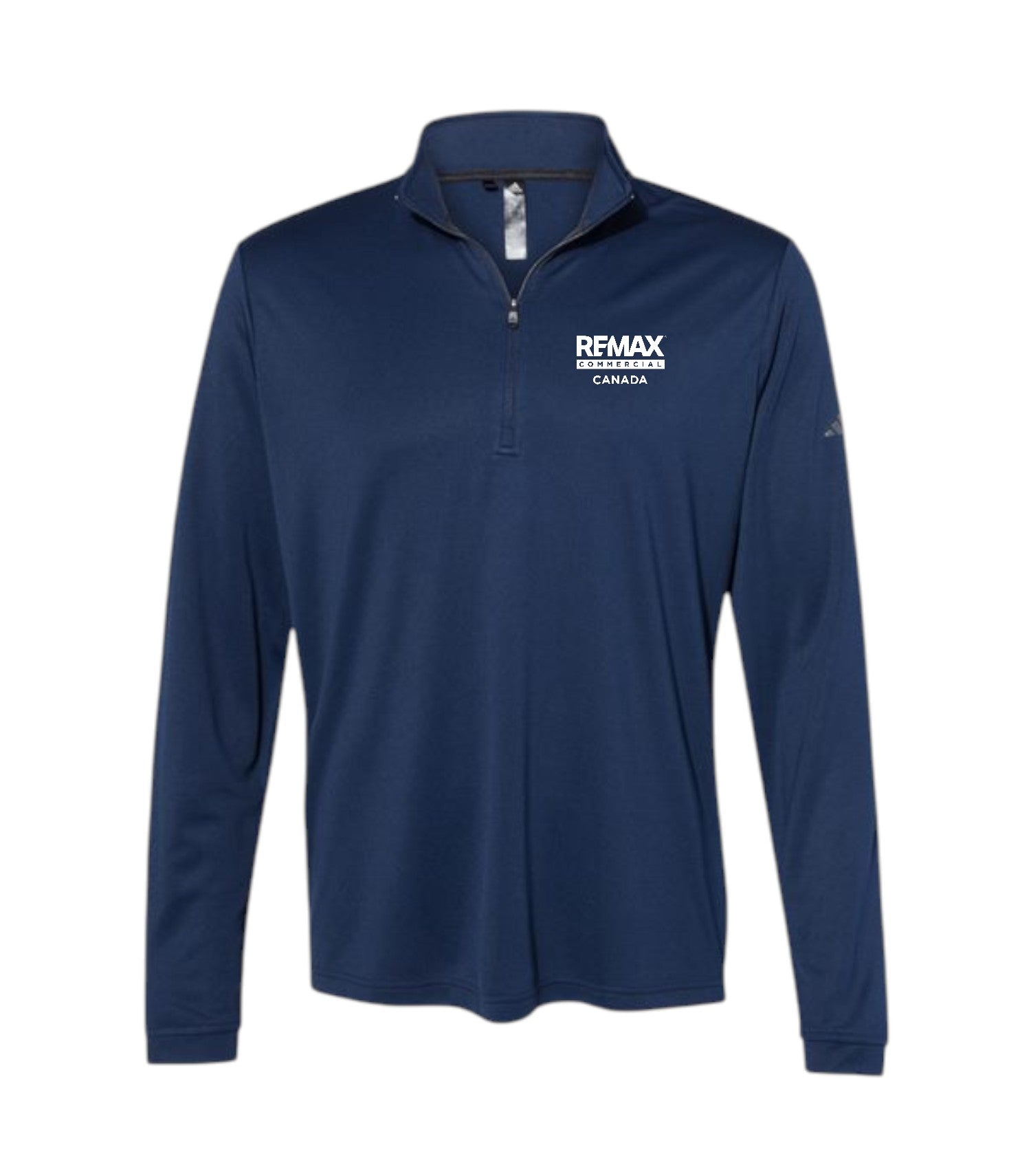 A navy blue long-sleeve quarter-zip pullover with a white 'REMAX BROKERS CANADA' logo printed on the left chest, displayed on a clean white background.