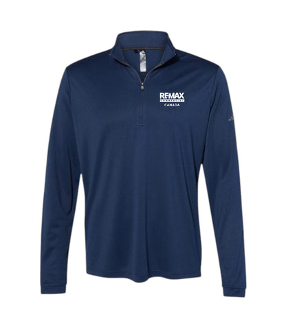 A navy blue long-sleeve quarter-zip pullover with a white 'REMAX BROKERS CANADA' logo printed on the left chest, displayed on a clean white background.