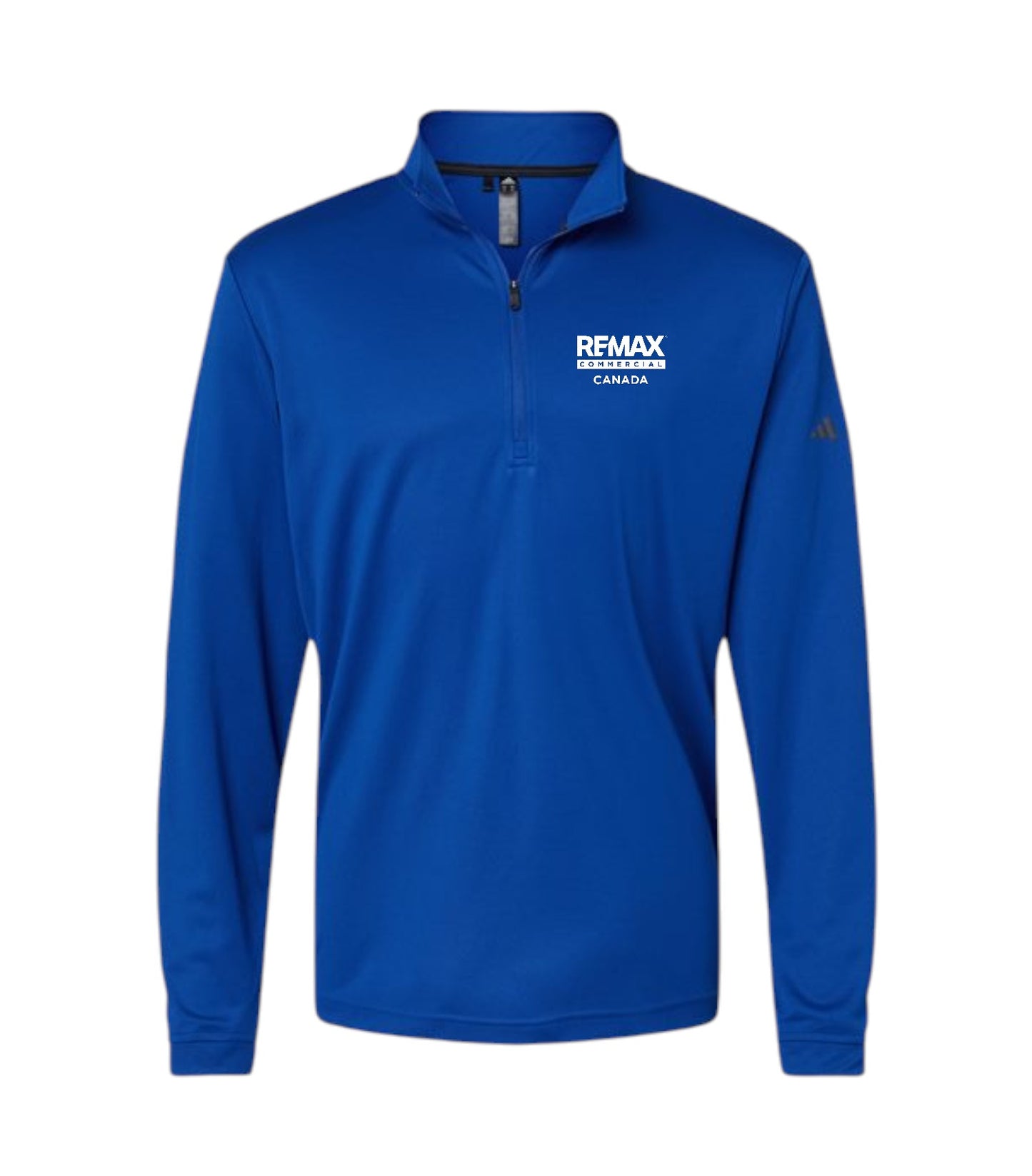 A royal blue long-sleeve quarter-zip pullover with a white 'REMAX BREAKING TROPHY CANADA' logo printed on the left chest and a small gold Adidas logo on the right sleeve, shown on a plain white background.