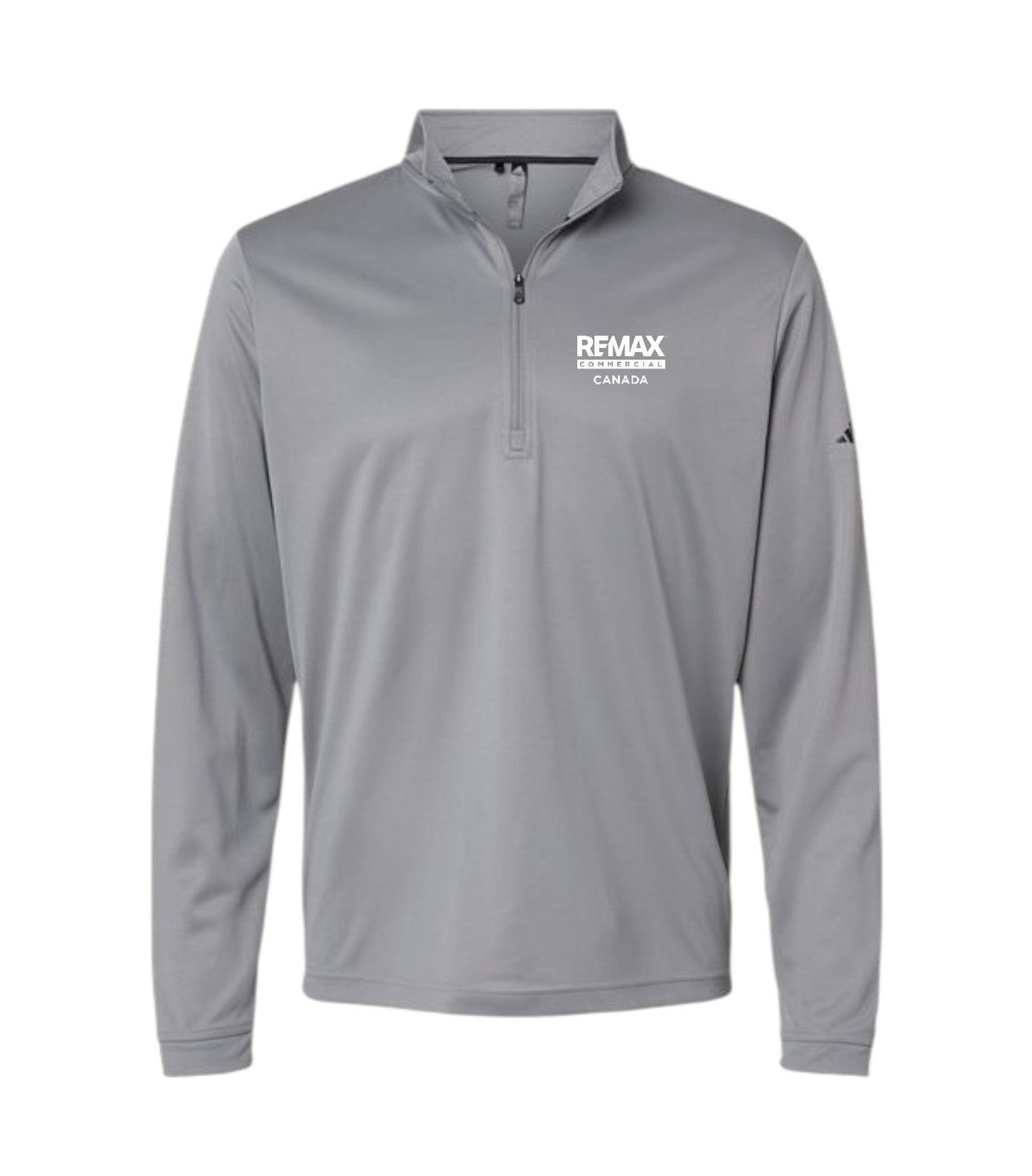 A gray long-sleeve quarter-zip pullover with 'REMAX BREAKINGTER CANADA' printed in white on the left chest, shown on a plain white background.