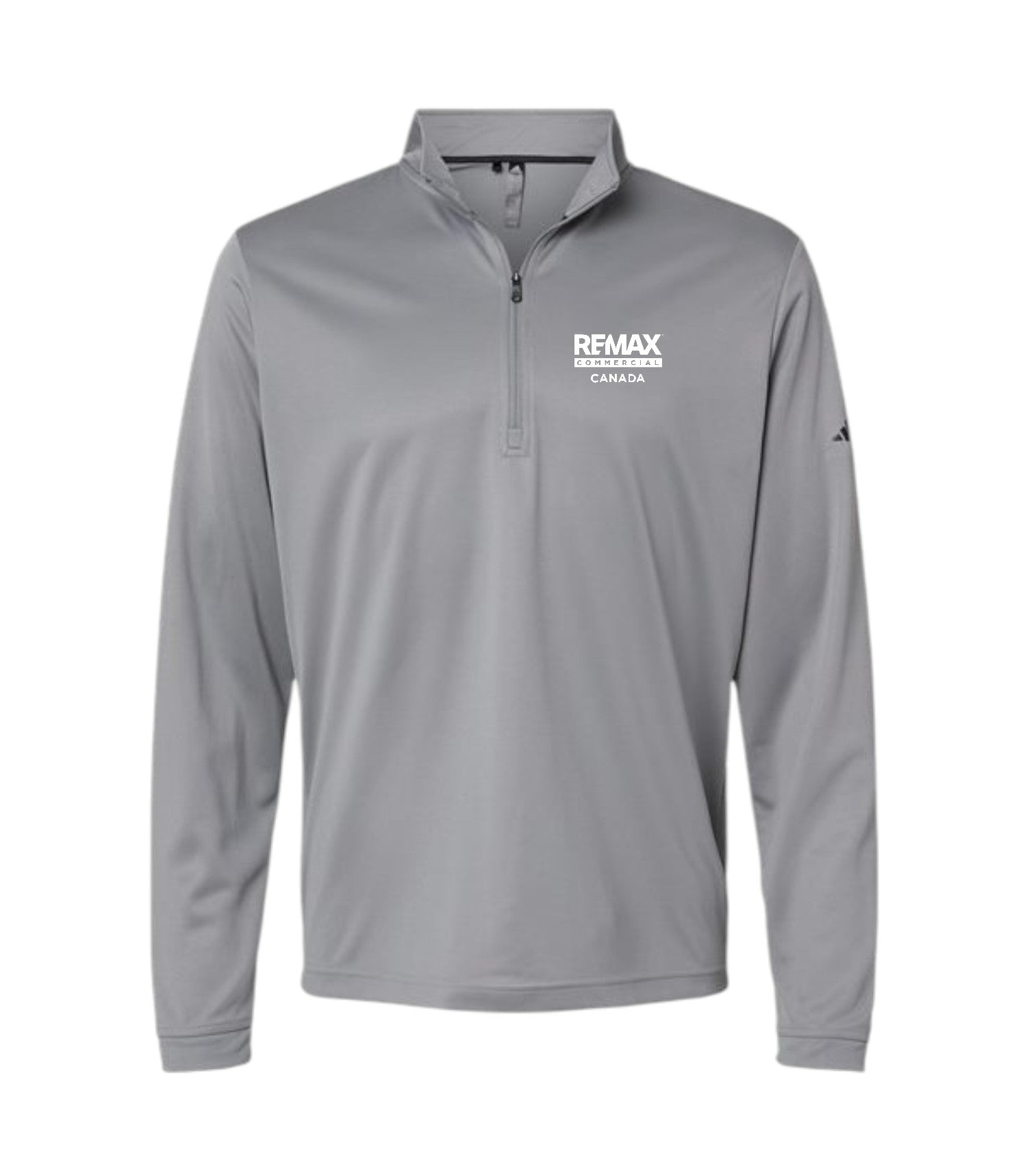 A gray long-sleeve quarter-zip pullover with 'REMAX BREAKINGTER CANADA' printed in white on the left chest, shown on a plain white background.