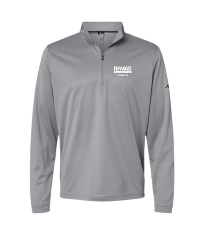 A gray long-sleeve quarter-zip pullover with 'REMAX BREAKINGTER CANADA' printed in white on the left chest, shown on a plain white background.