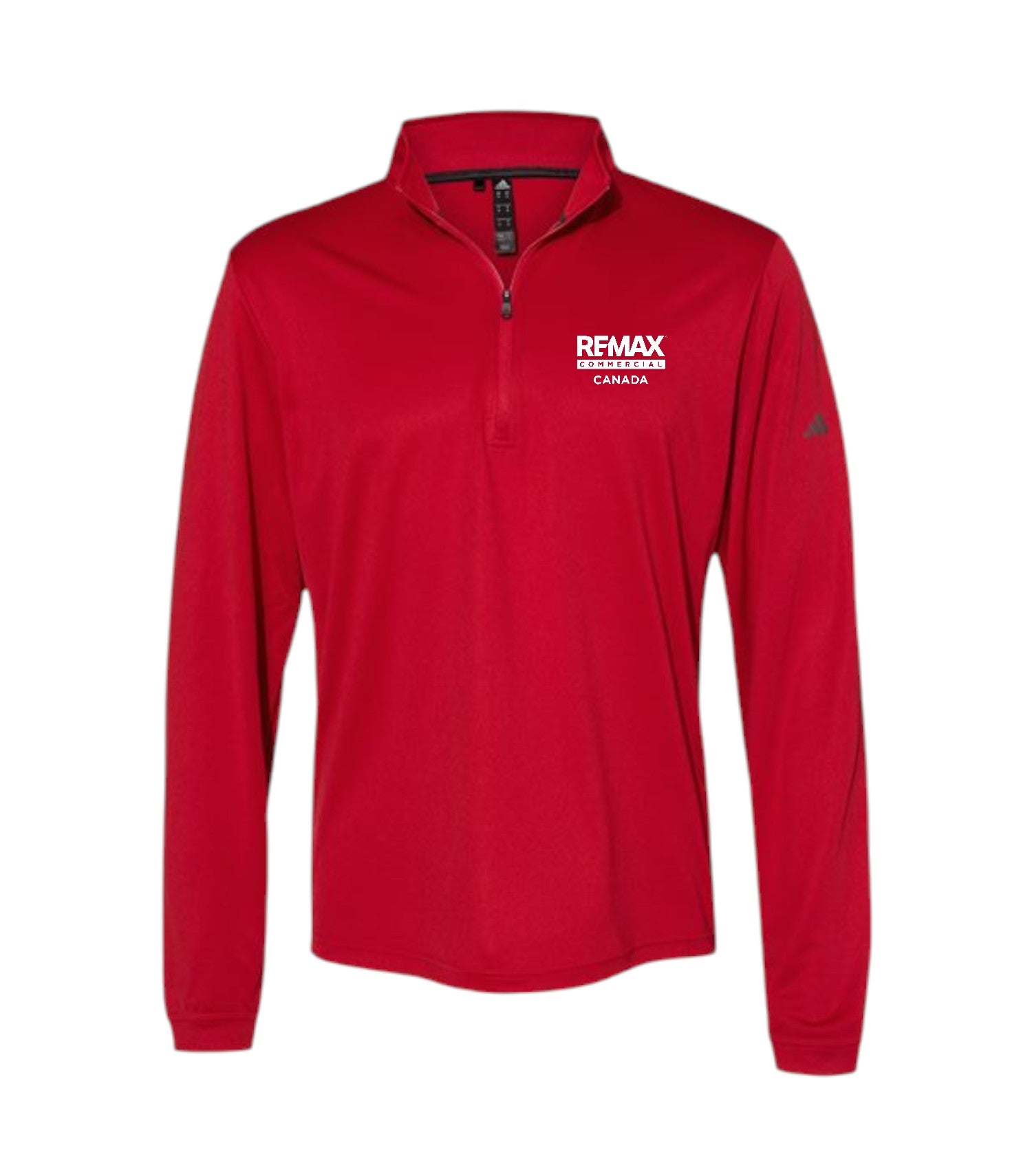 A red long-sleeve quarter-zip pullover jacket with a white 'REMAX BREAKING TUMORS CANADA' logo printed on the left chest, shown against a plain white background.