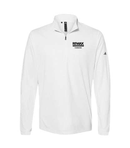 A white long-sleeve quarter-zip pullover with a black 'REMAX EXCAVATOR CANADA' logo printed on the left chest and a black Adidas logo on the right sleeve, shown on a plain white background.