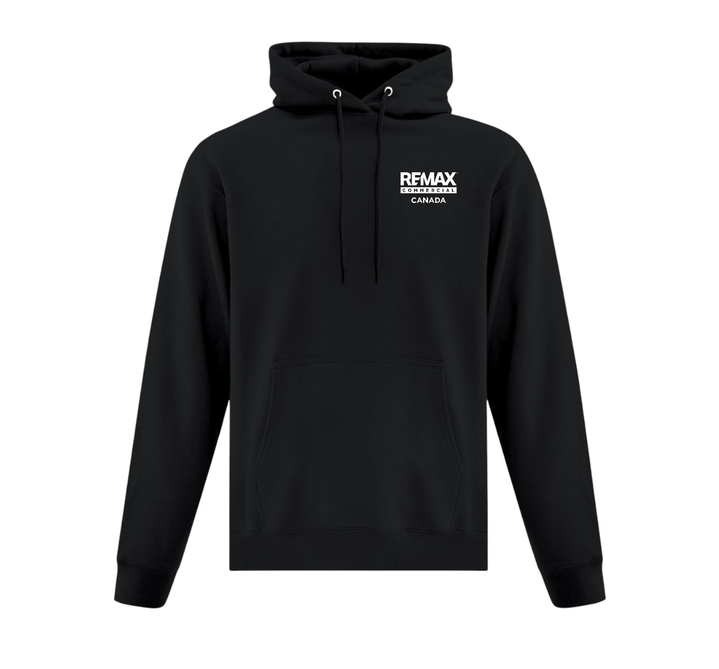 A black pullover hoodie with a white printed logo on the left chest reading 'REMAX EXTREMES CANADA', shown against a plain white background.