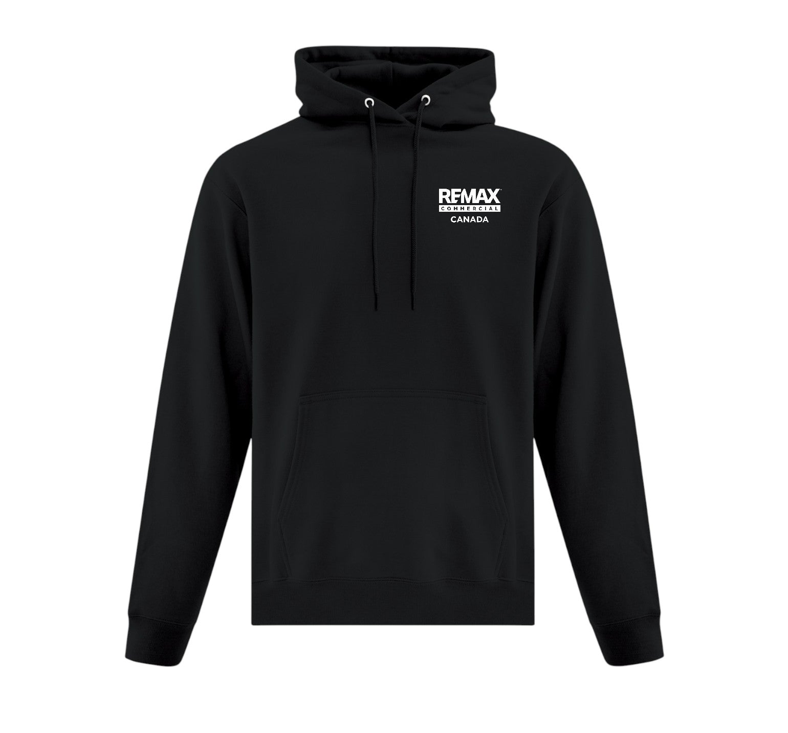 A black pullover hoodie with a white printed logo on the left chest reading 'REMAX EXTREMES CANADA', shown against a plain white background.