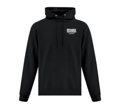 A black pullover hoodie with a white printed logo on the left chest reading 'REMAX EXTREMES CANADA', shown against a plain white background.