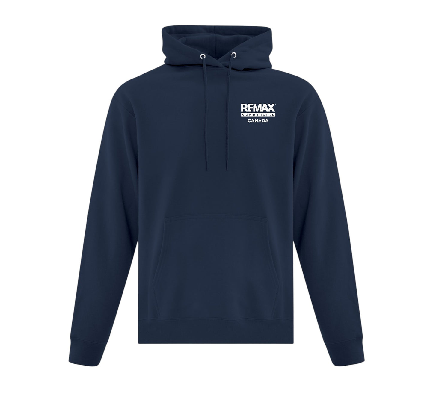 A navy blue pullover hoodie with a white printed logo on the left chest reading 'REMAX BUILDERS CANADA', shown against a plain white background.