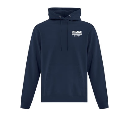 A navy blue pullover hoodie with a white printed logo on the left chest reading 'REMAX BUILDERS CANADA', shown against a plain white background.