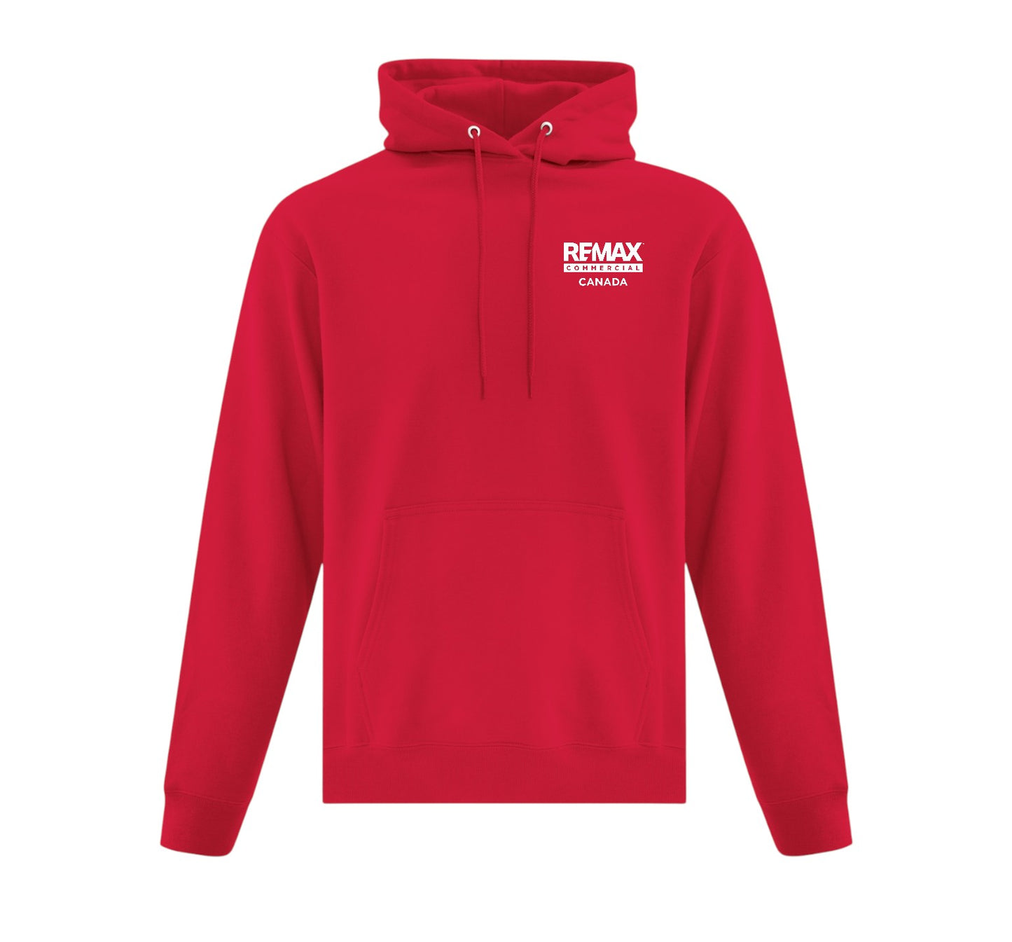 A bright red pullover hoodie with a white 'REMAX BUILDING CANADA' logo printed on the left chest, shown against a plain white background.