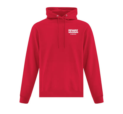 A bright red pullover hoodie with a white 'REMAX BUILDING CANADA' logo printed on the left chest, shown against a plain white background.