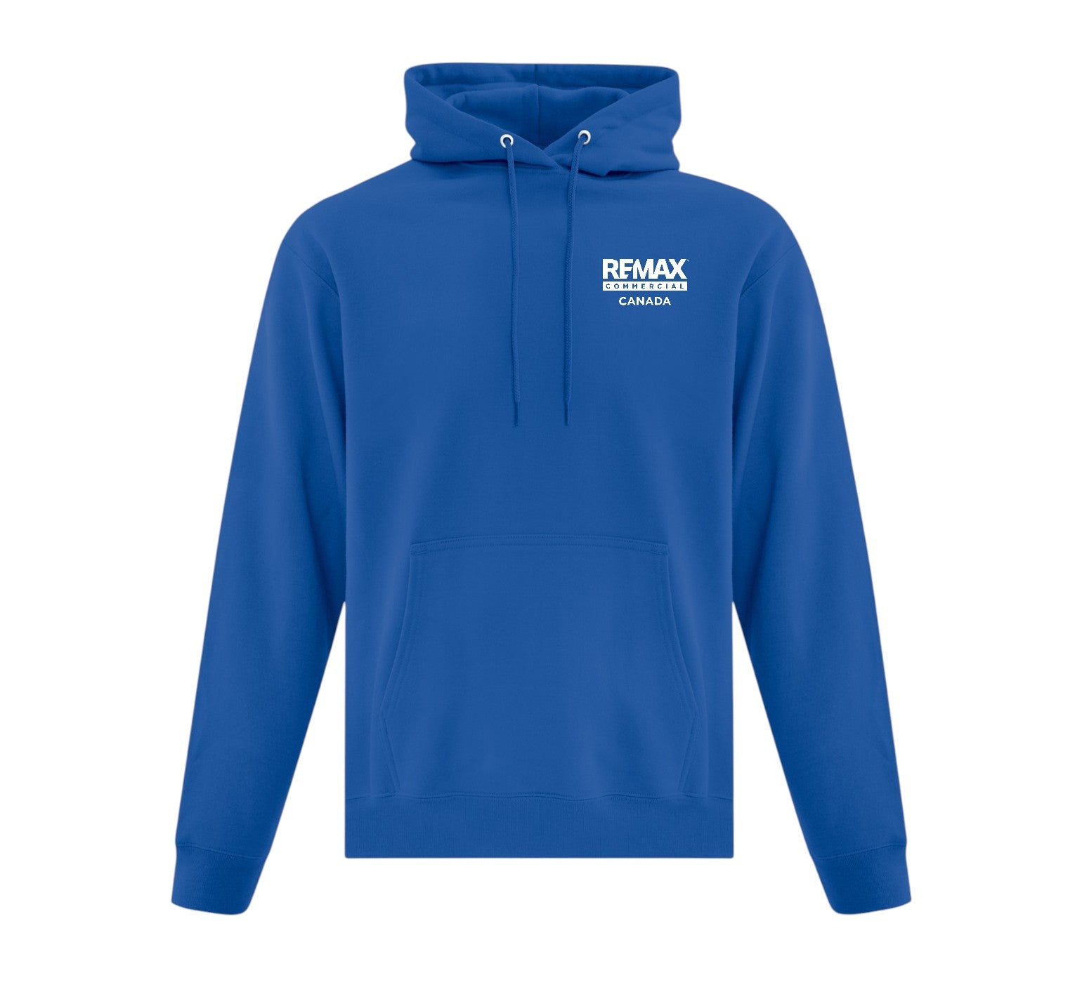 A royal blue pullover hoodie with a white printed logo on the left chest reading 'REMAX REALTORLAND CANADA', displayed on a clean white background.