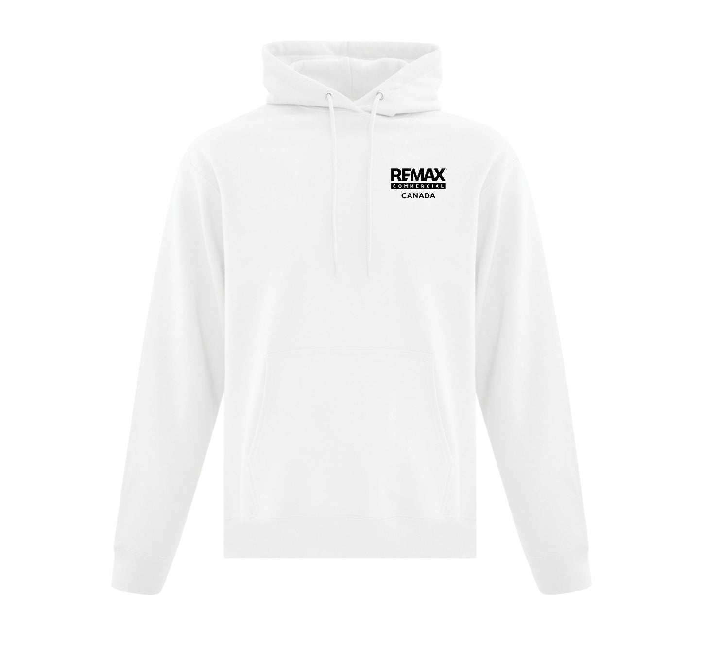 A white pullover hoodie with a black 'REMAX REIMBURSEMENT CANADA' logo printed on the left chest, shown against a plain white background.