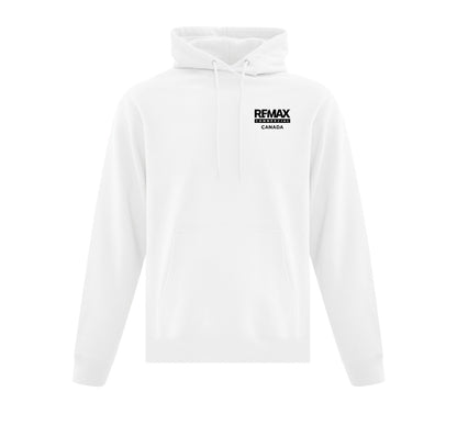 A white pullover hoodie with a black 'REMAX REIMBURSEMENT CANADA' logo printed on the left chest, shown against a plain white background.