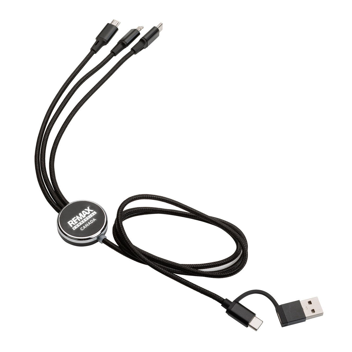 A black multi-connector USB cable with three USB-C connectors on one end and a USB-A connector on the other, featuring a round black REMAX logo badge on the cable body, shown on a plain white background.