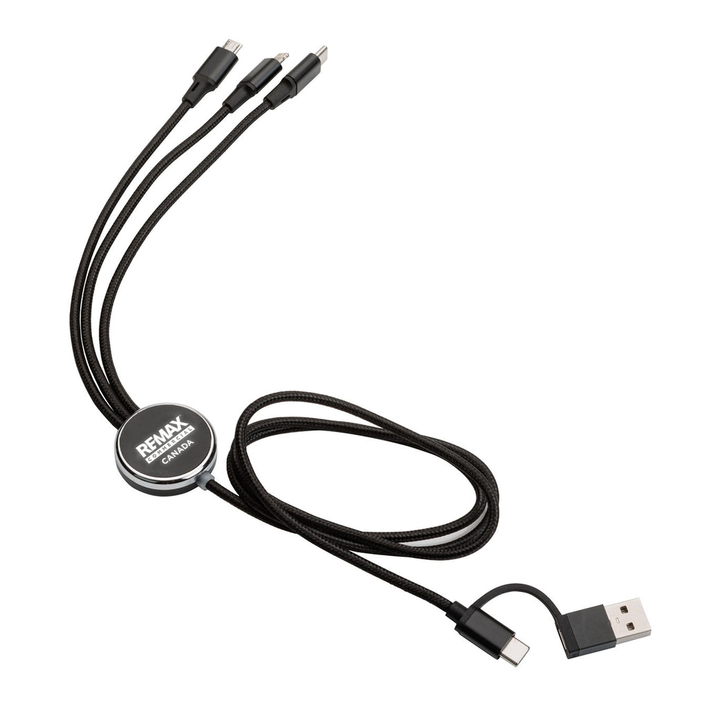 A black multi-connector USB cable with three USB-C connectors on one end and a USB-A connector on the other, featuring a round black REMAX logo badge on the cable body, shown on a plain white background.