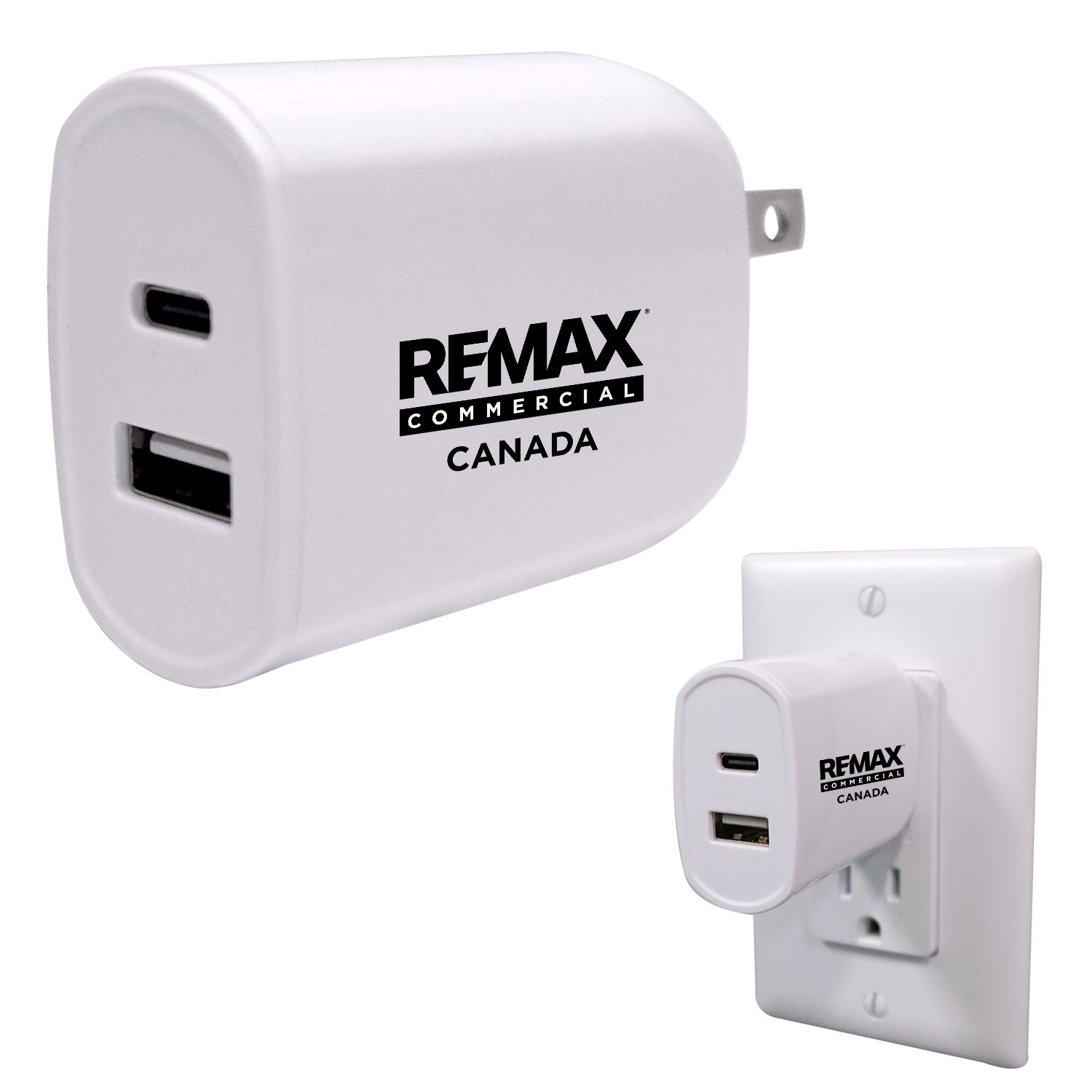White RFMAX Commercial Canada USB-A wall charger shown from the front and plugged into a white wall outlet, on a light gray background.
