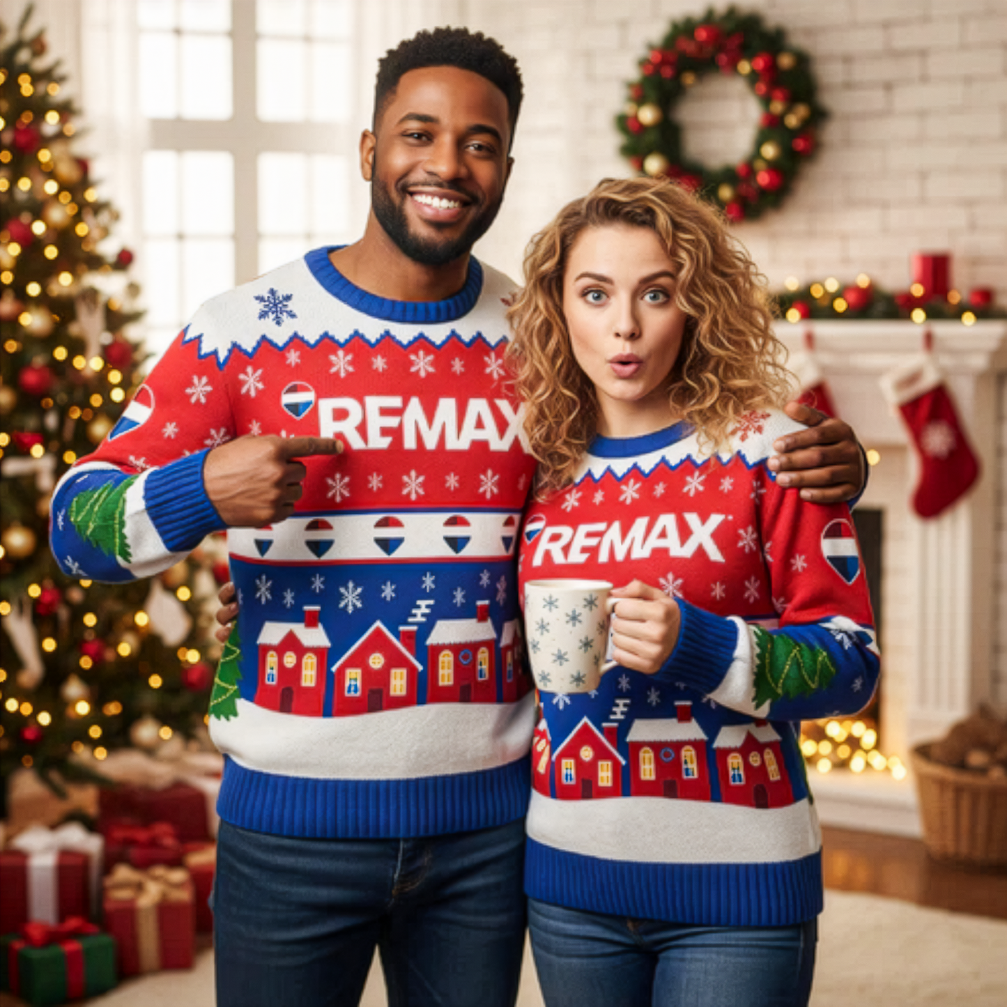 REMAX ugly christmas sweaters in red, blue and white with christmas trees and snow