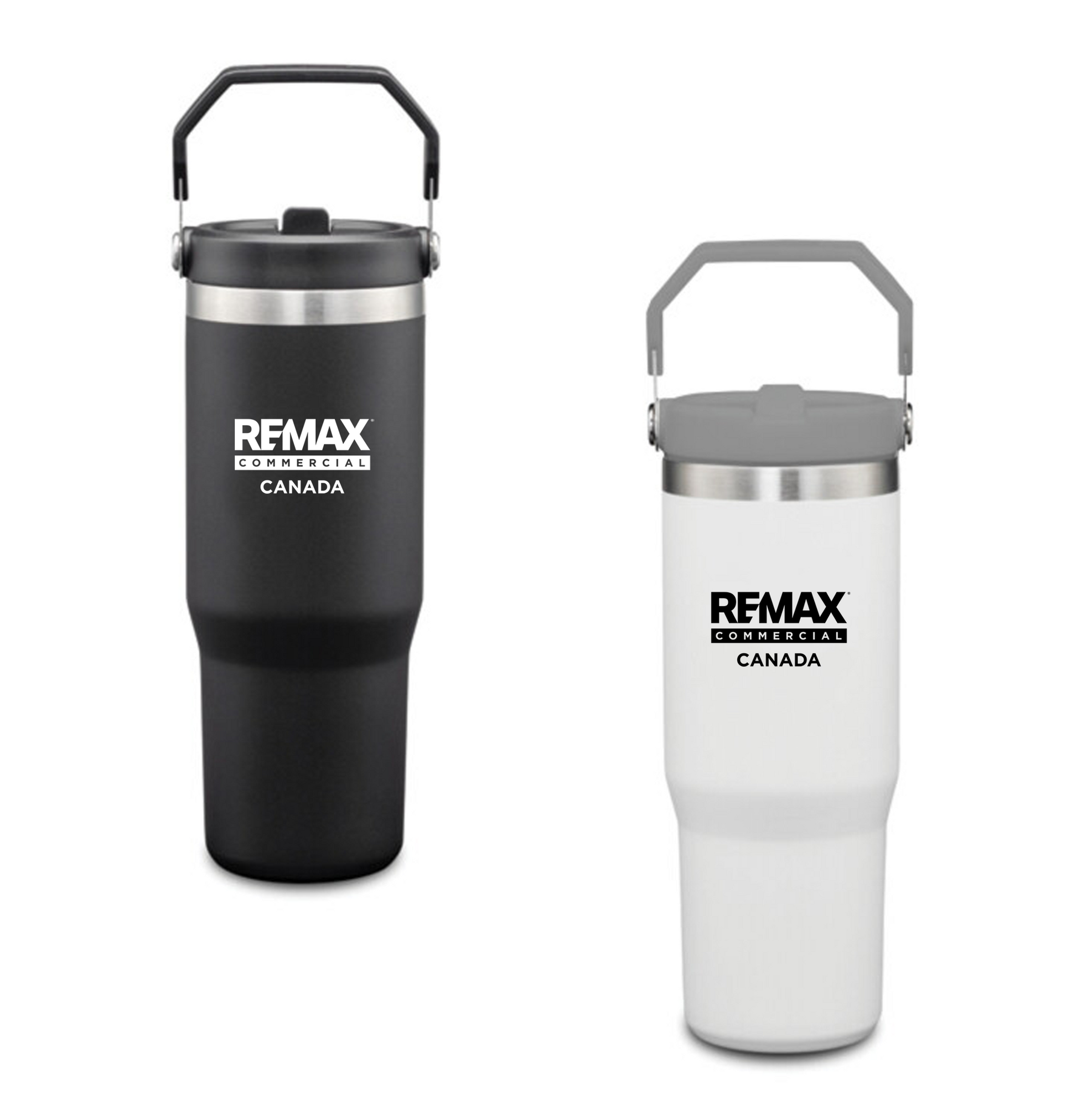 Two insulated travel tumblers with carry handles on a white background, one matte black and one white, both printed with the REMAX COMMERCIAL CANADA logo.