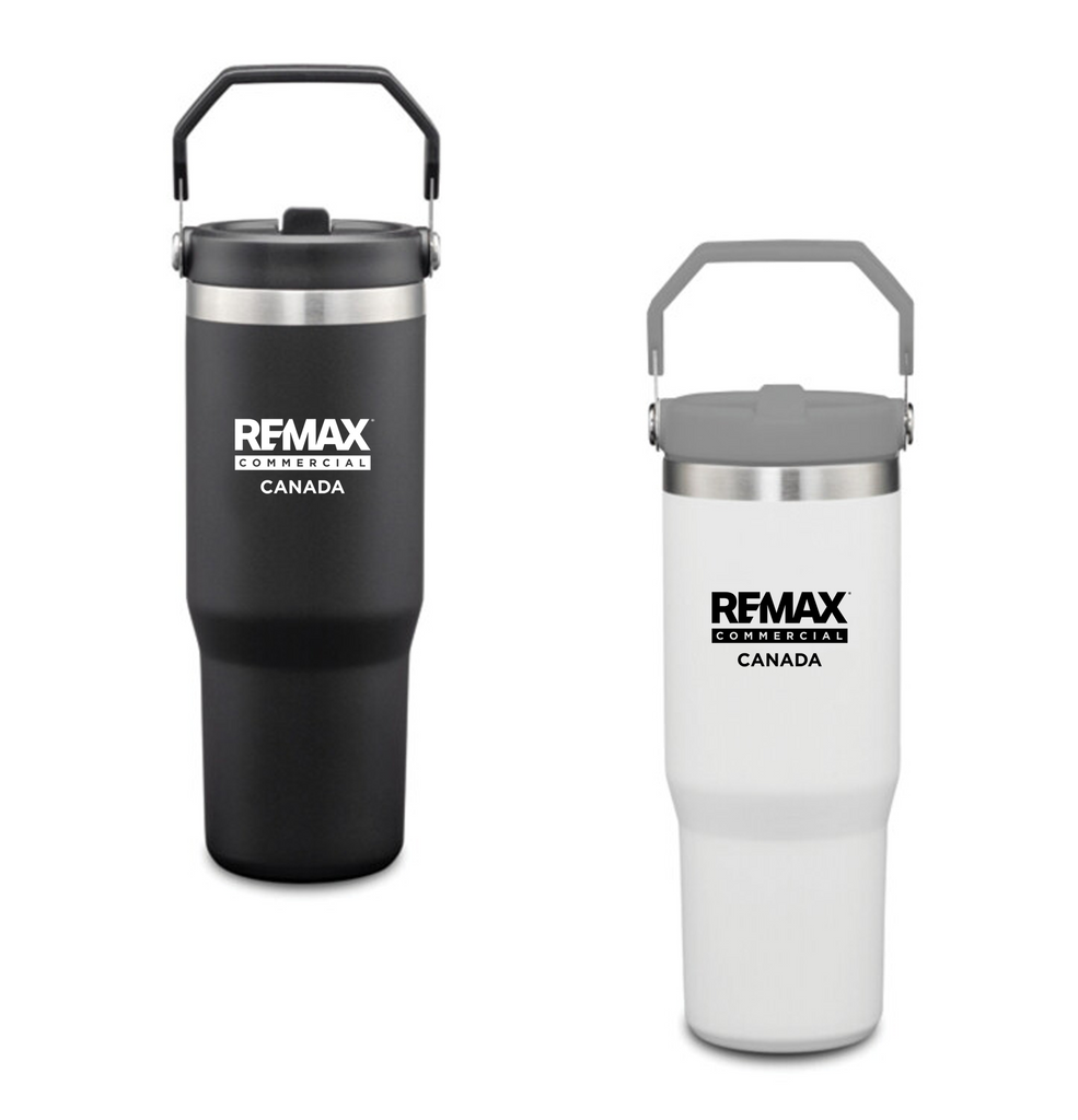 Two insulated travel tumblers with carry handles on a white background, one matte black and one white, both printed with the REMAX COMMERCIAL CANADA logo.
