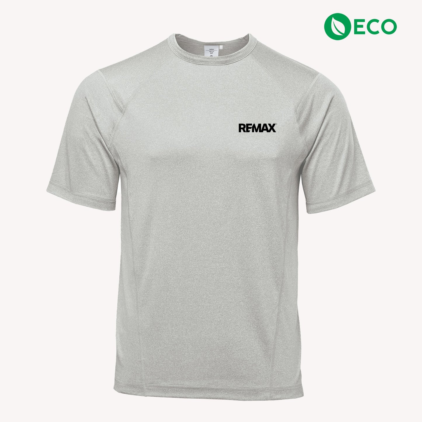 A light gray short-sleeve athletic t-shirt with 'REMAX' printed in black on the left chest, displayed on a clean off-white background with an 'ECO' logo in the top right corner.