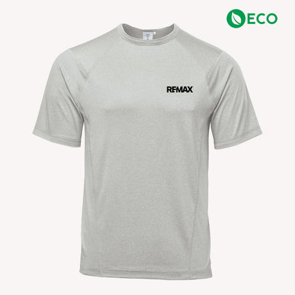 A light gray short-sleeve athletic t-shirt with 'REMAX' printed in black on the left chest, displayed on a clean off-white background with an 'ECO' logo in the top right corner.