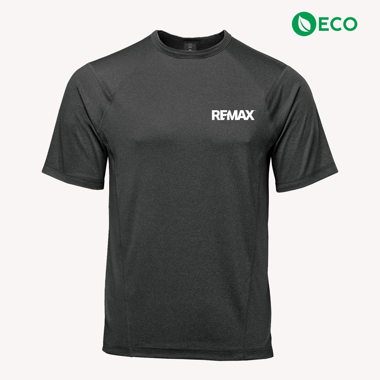 A dark gray short-sleeve athletic t-shirt with the brand name 'REMAX' printed in white on the left chest, displayed on a light off-white background with an 'ECO' badge in the top right corner.