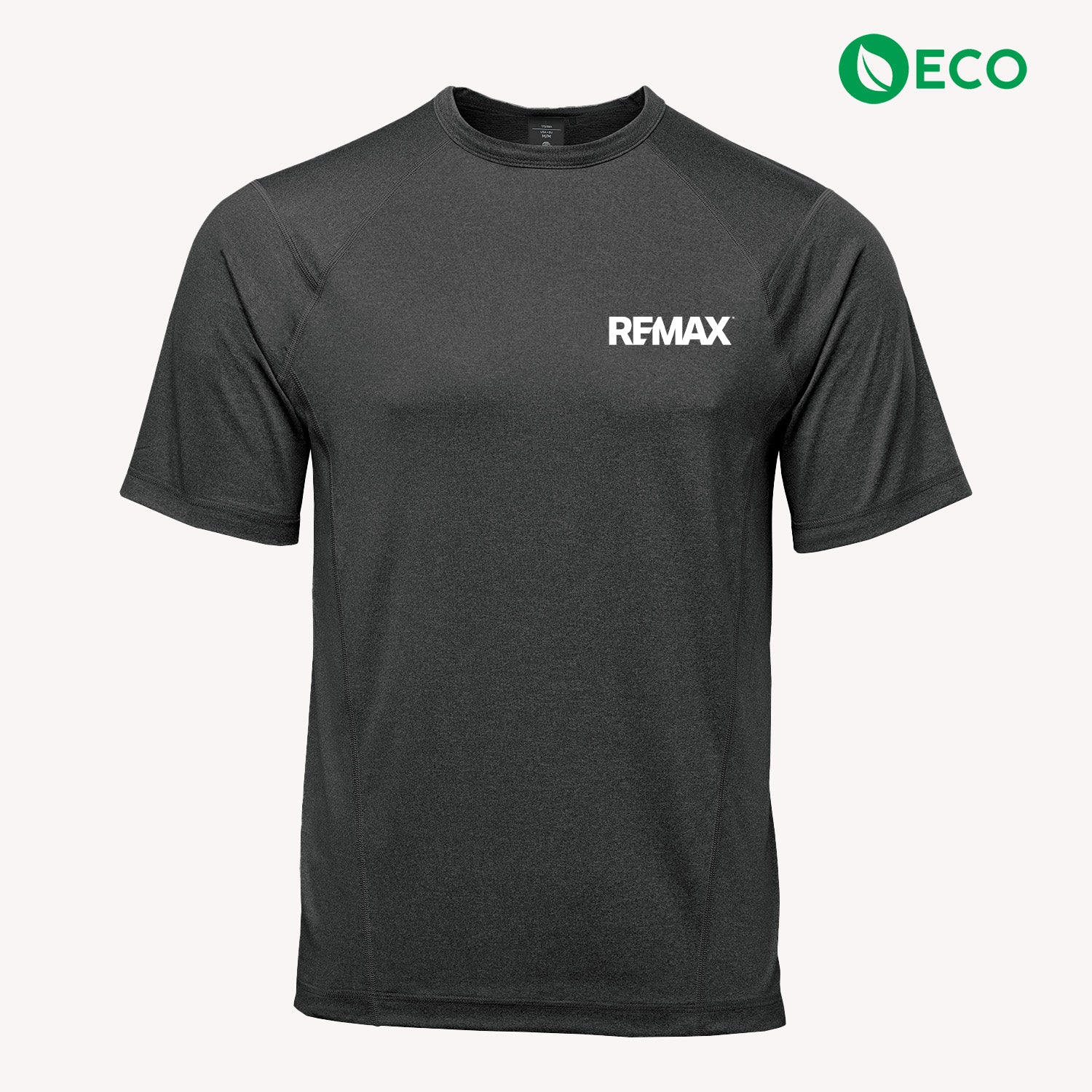 A dark gray short-sleeve athletic t-shirt with the brand name 'REMAX' printed in white on the left chest, displayed on a light off-white background with an 'ECO' badge in the top right corner.